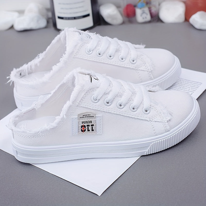 Women's Lightweight Breathable Flat Sole Sneakers - White Distressed Casual Running Walking Shoes with Fabric Upper, EVA Cushioned Sole & All-Season Comfort